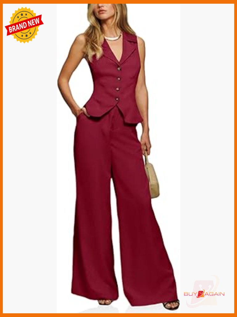Womens 2 Piece Vest Set Crop Blazer Wide Leg Pantsuit Suit
